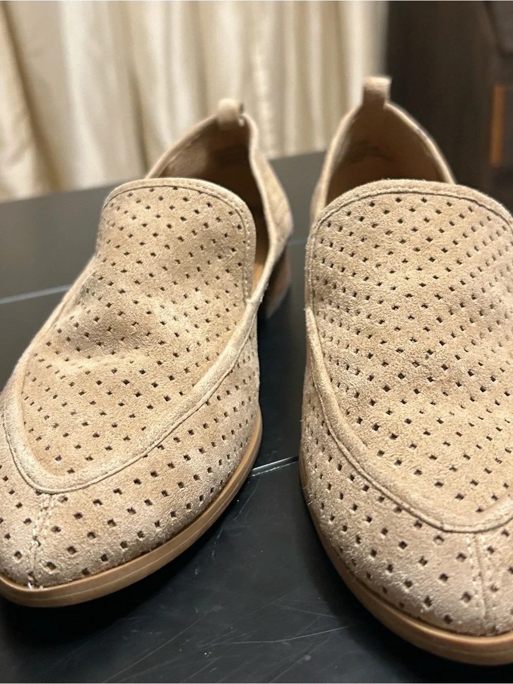 Susina Perforated Suede Slip-On Loafers in Light Tan
